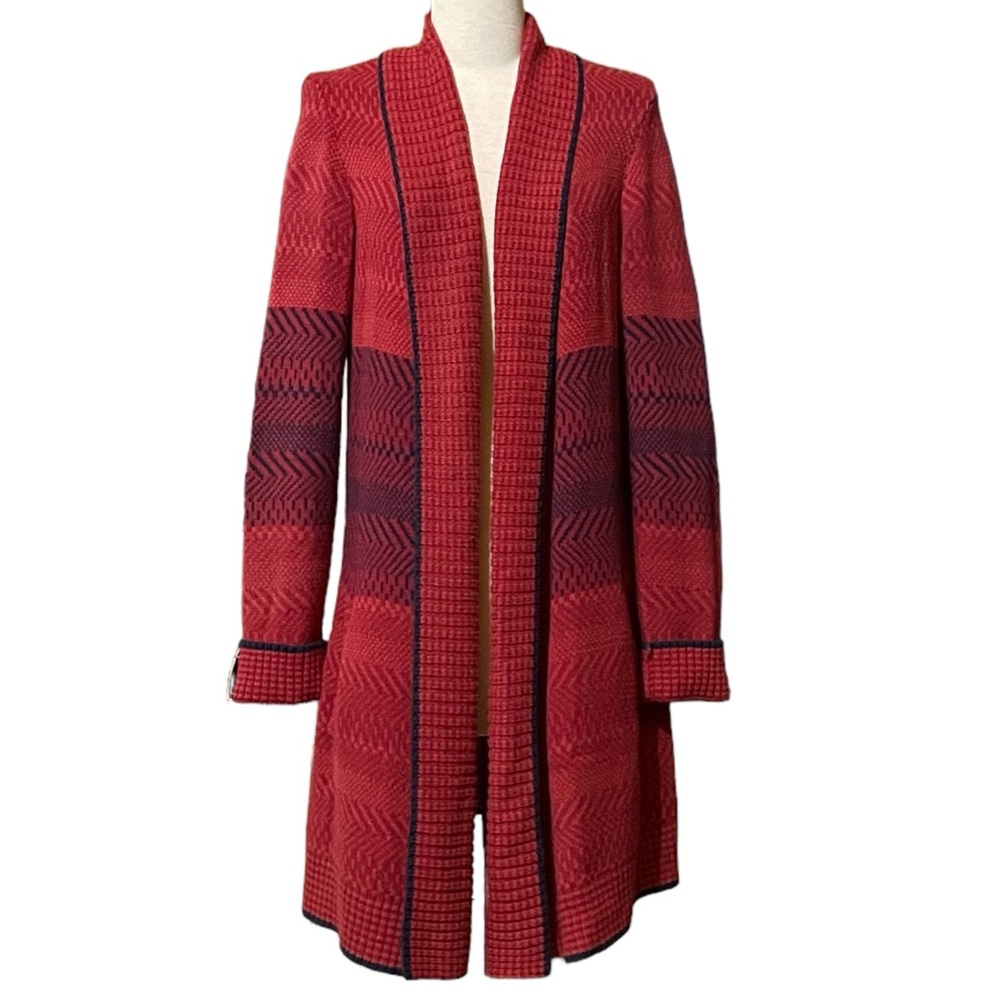 CAbi #897 Size S Joy Sweater Open Front Long Knit Cardigan Pockets Red Navy Blue